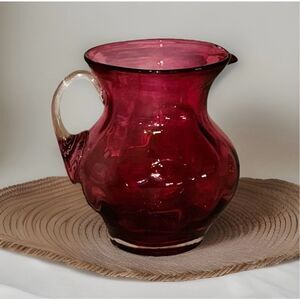 Vintage Hand Blown Cranberry Glass Creamer Pitcher Clear‎ Handle